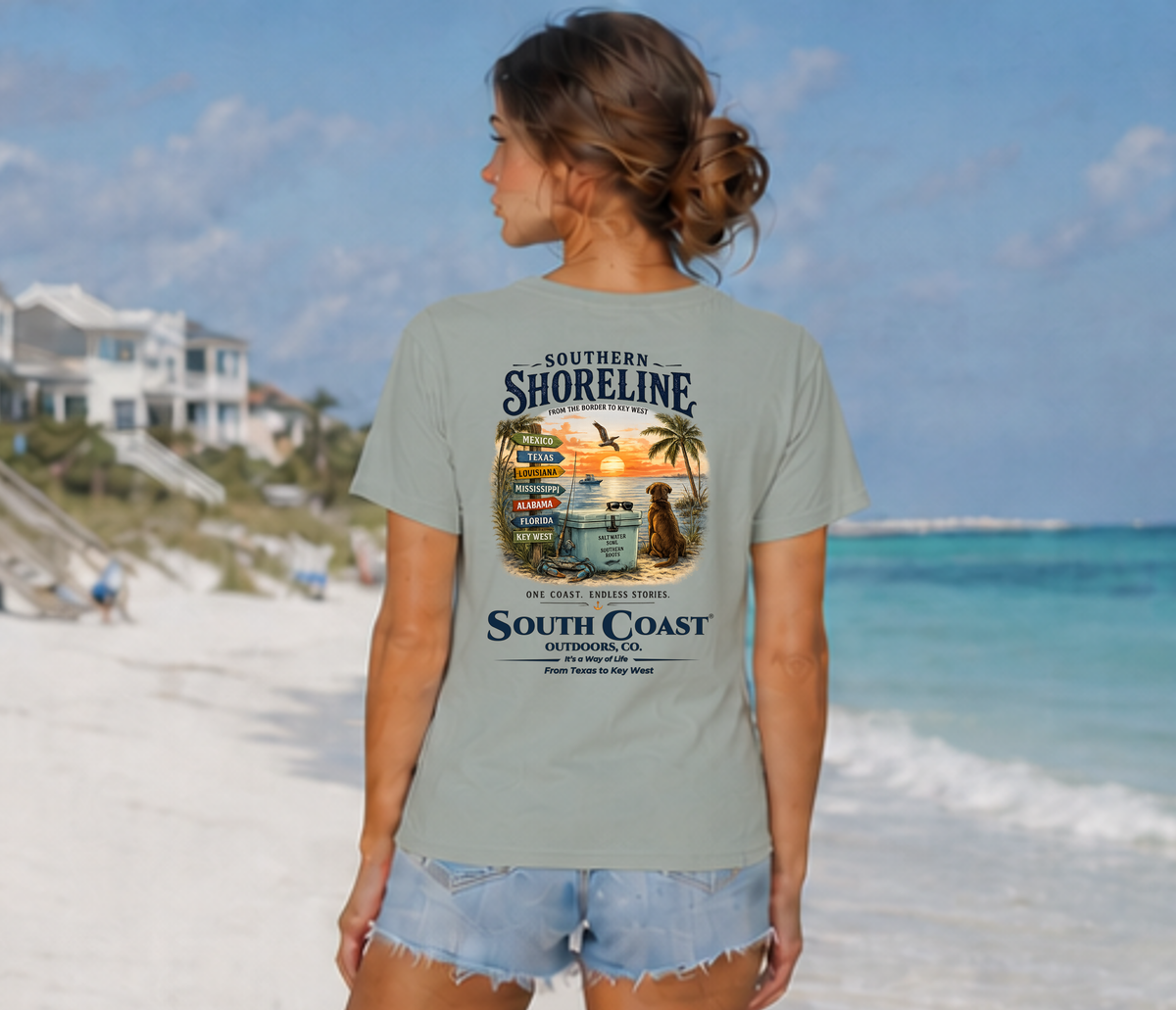 Seafoam green Southern Shoreline SC2900 T-shirt, back 'South Coast' scenic graphic