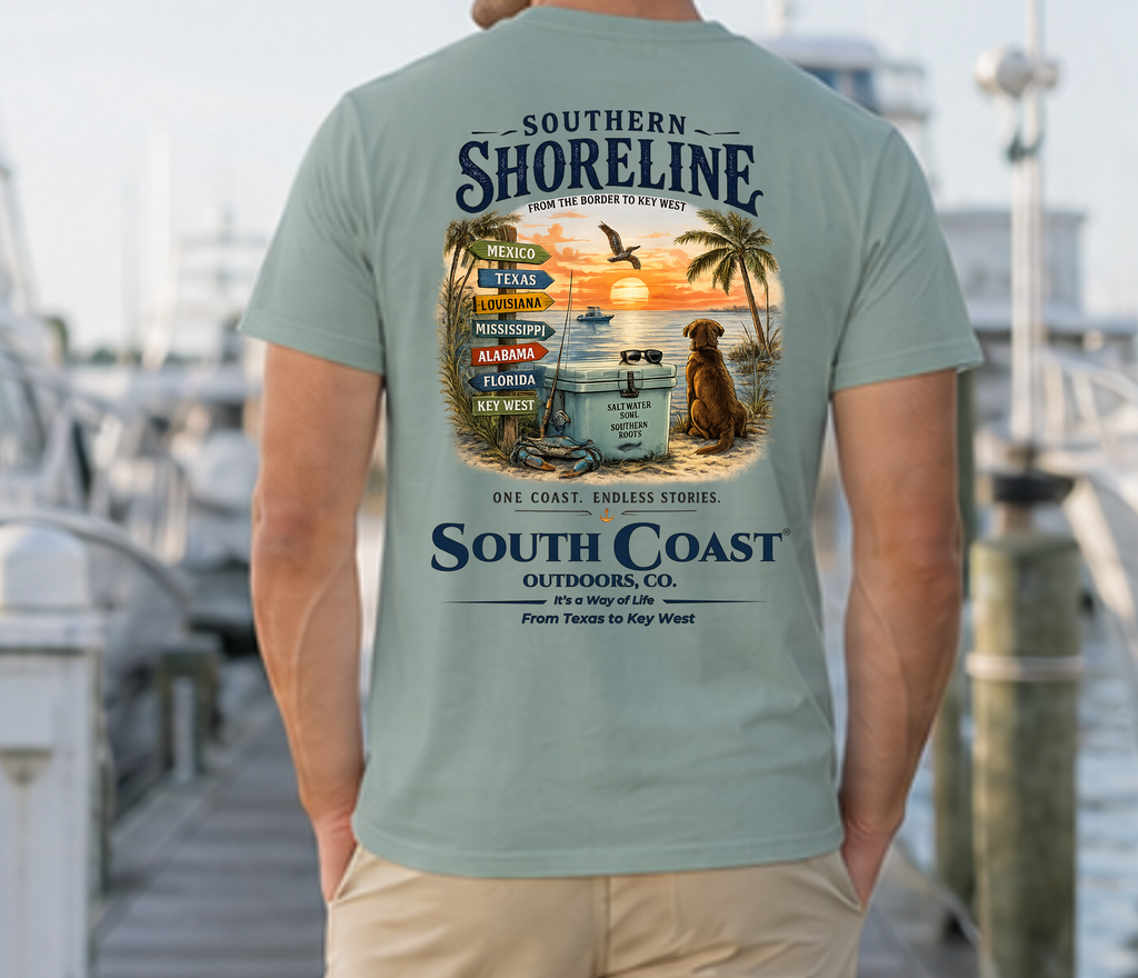 Seafoam green Southern Shoreline T-shirt, back scenic map-and-bird graphic