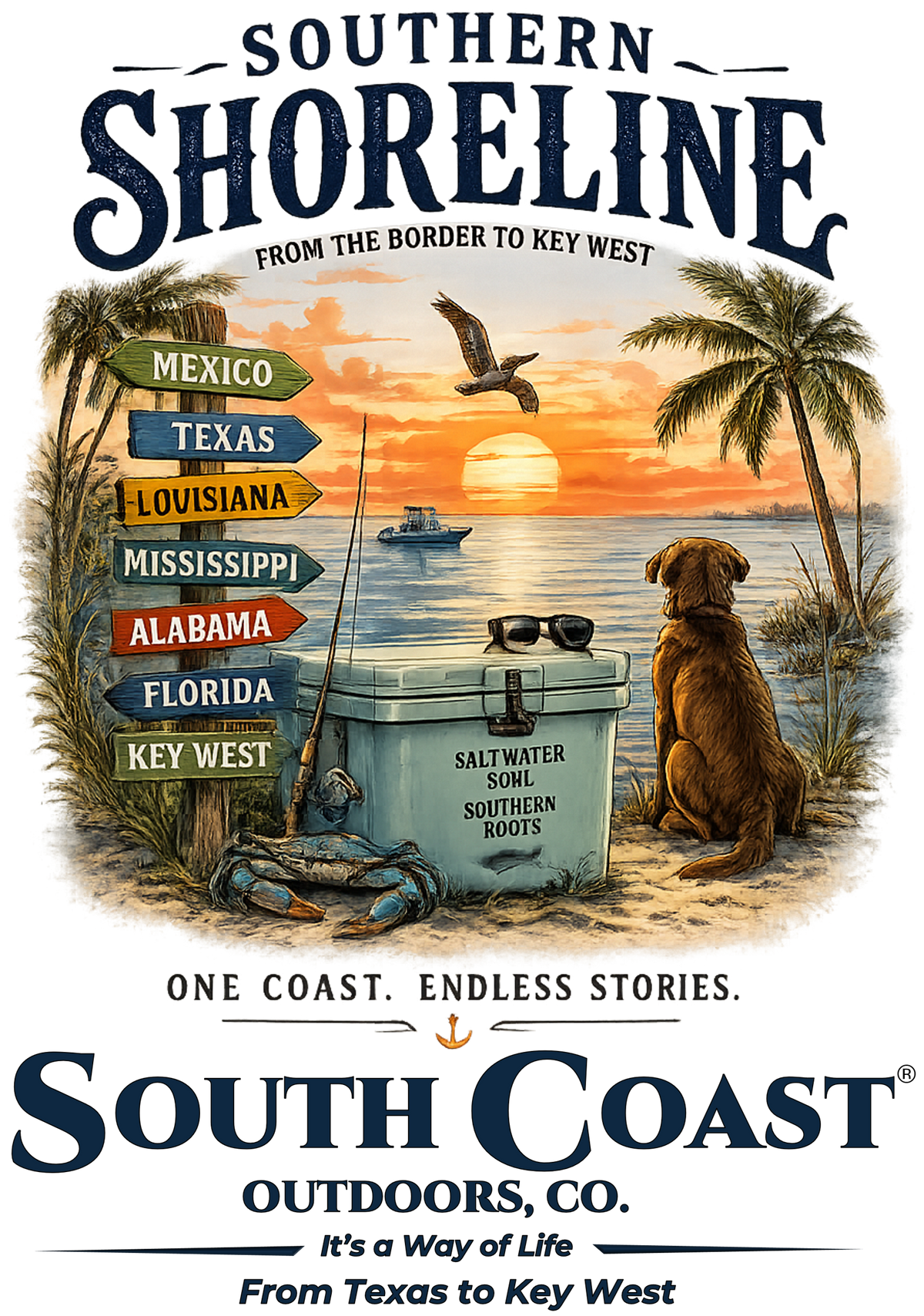 Southern Shoreline South Coast scenic emblem with map, bird and sunglasses