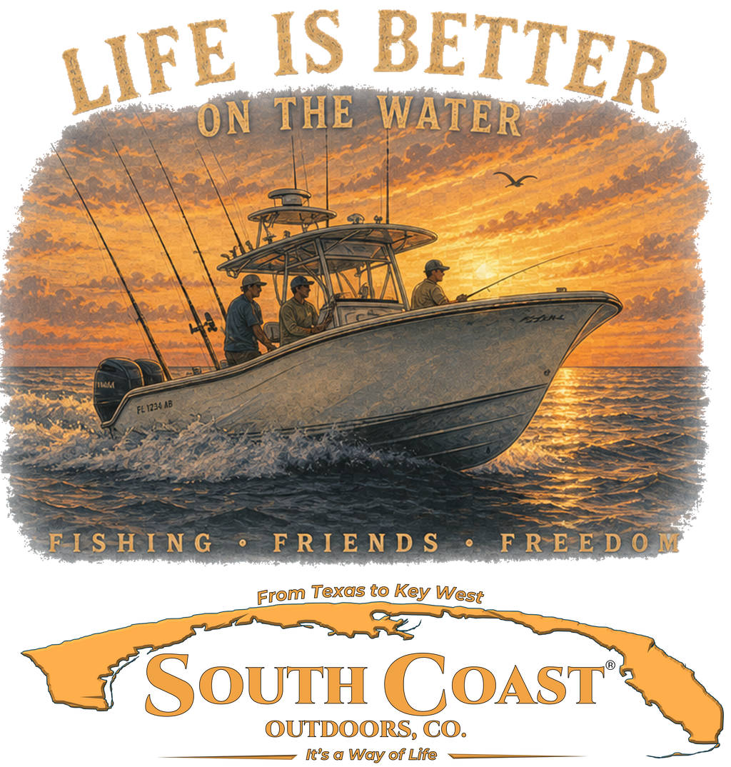 Black T-shirt with large fishing boat sunset graphic on chest