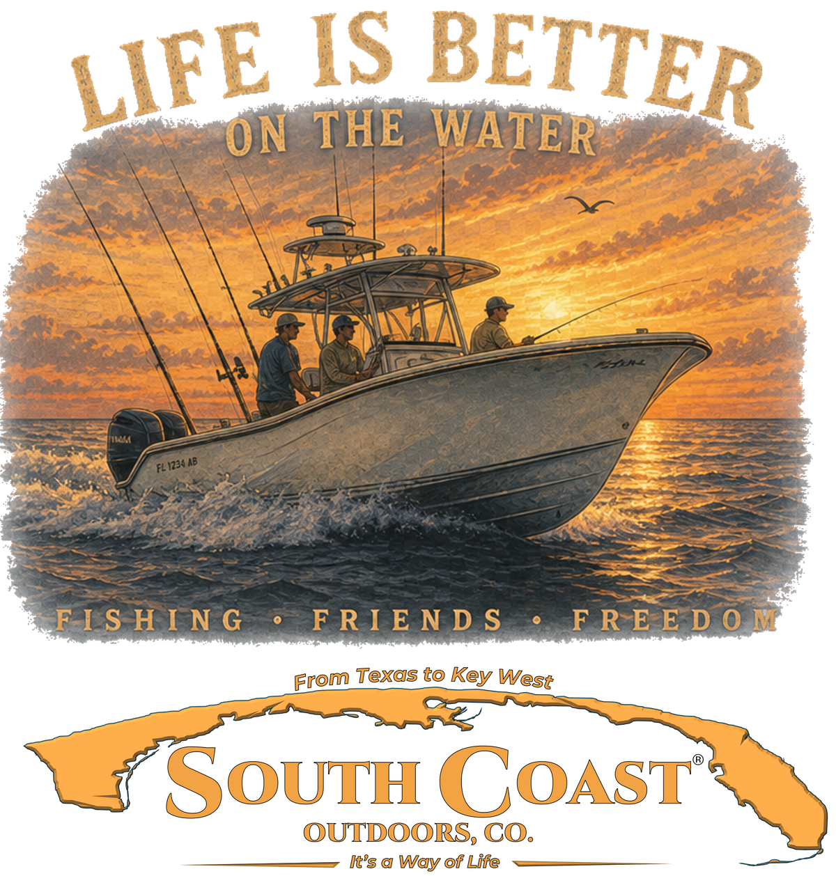 Black T-shirt with large fishing boat sunset graphic on chest