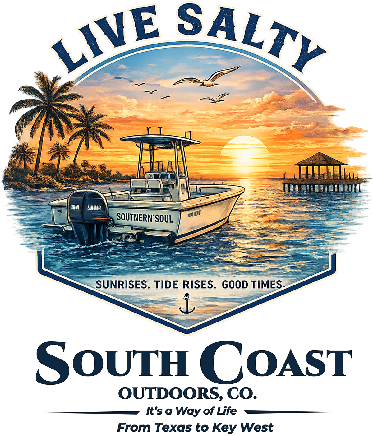Light blue graphic T-shirt front design with boat and palm sunset scene