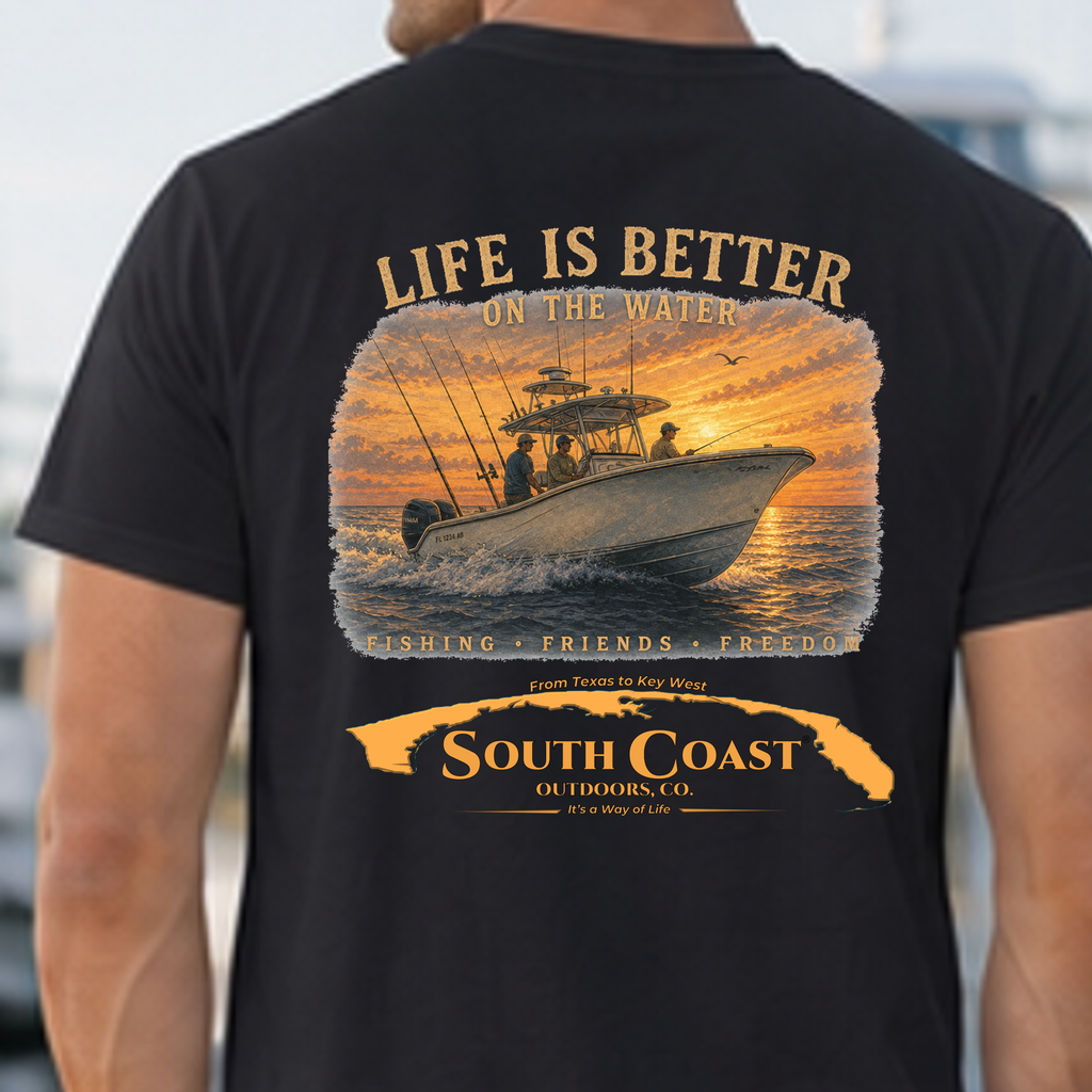 Black T-shirt with back fishing boat sunset graphic and text