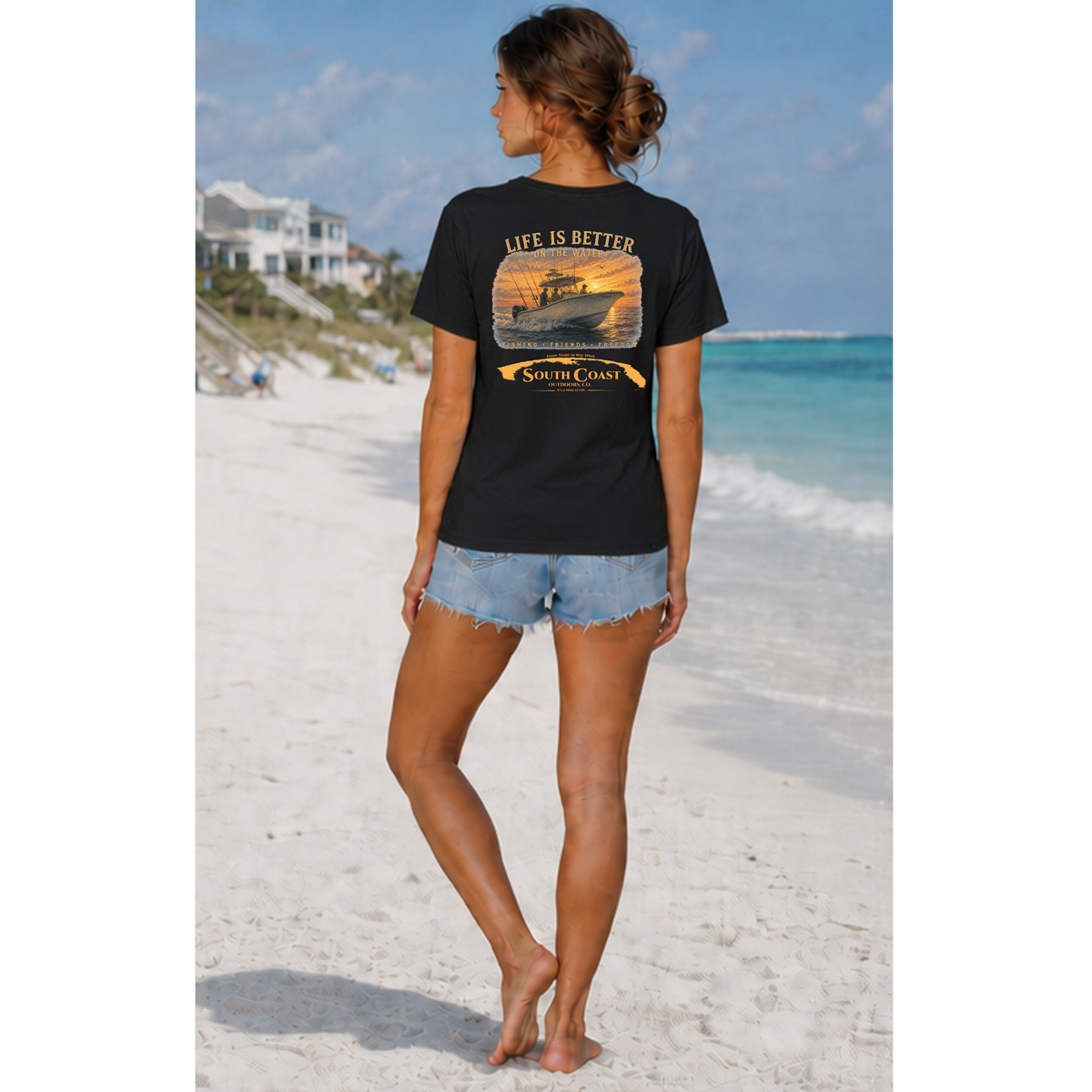 Black graphic T-shirt on person, back view