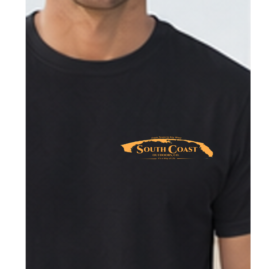 Black T-shirt with small South Coast logo graphic on chest