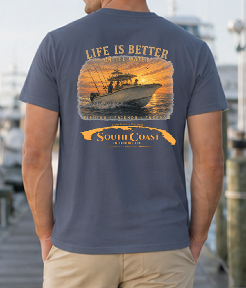 Deep blue t-shirt with back fishing boat sunset graphic and 'South Coast' banner