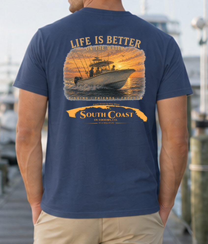 Navy t-shirt with back fishing boat sunset graphic and 'South Coast' banner