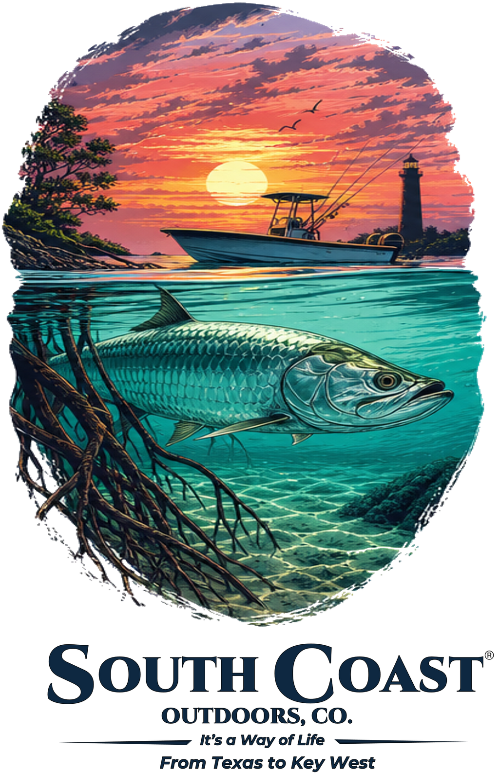 Graphic T-shirt artwork: sea fish with sunset and South Coast logo circle