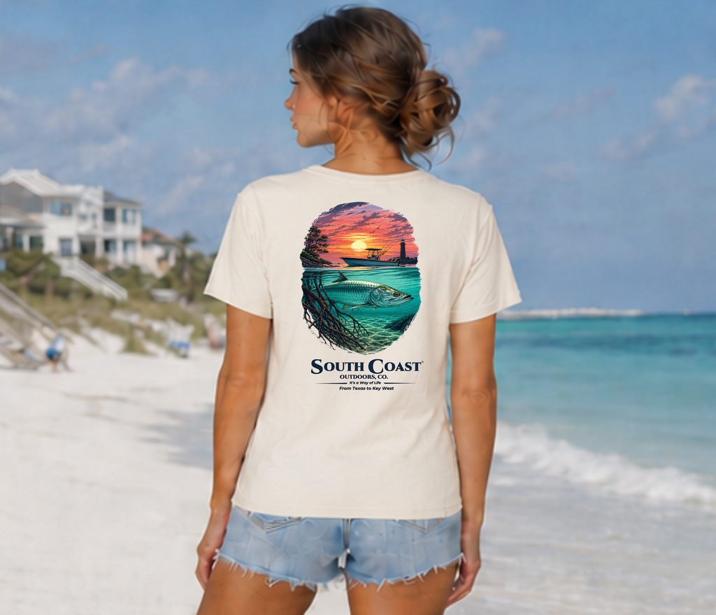 White T-shirt with back graphic: sunset, turquoise fish, South Coast logo