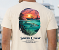 White T-shirt back view with large South Coast fish and sunset graphic