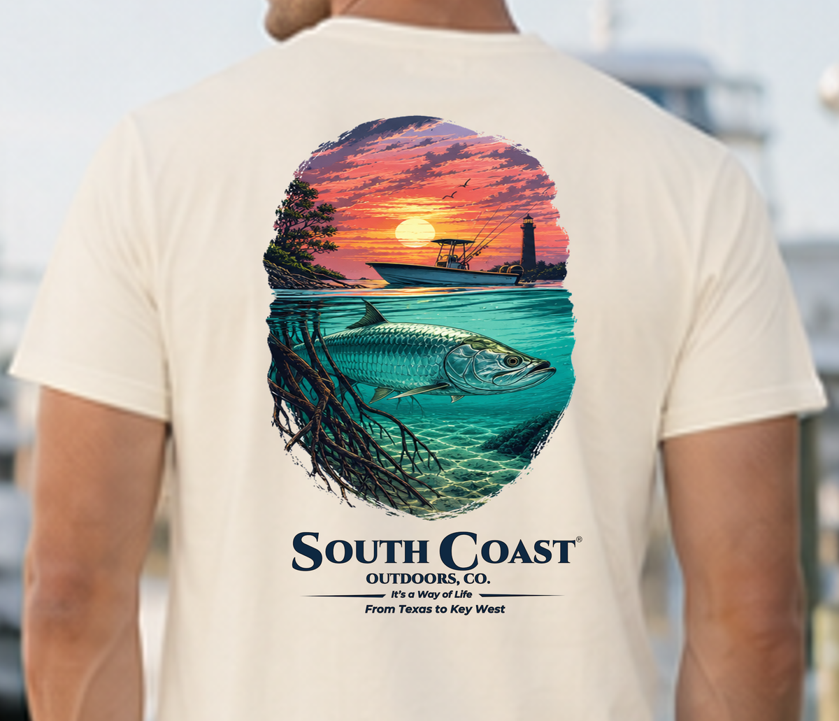 White T-shirt back view with large South Coast fish and sunset graphic