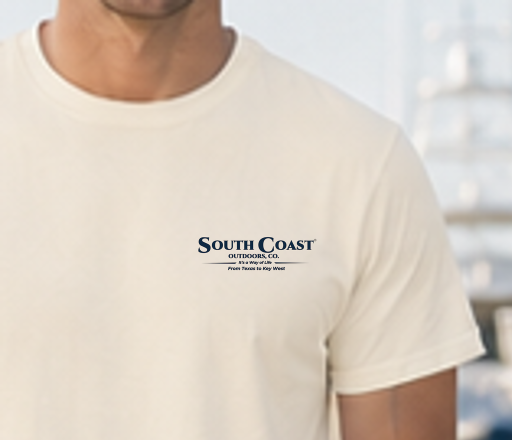 White T-shirt chest logo: South Coast Outdoors Co. text with line and mark