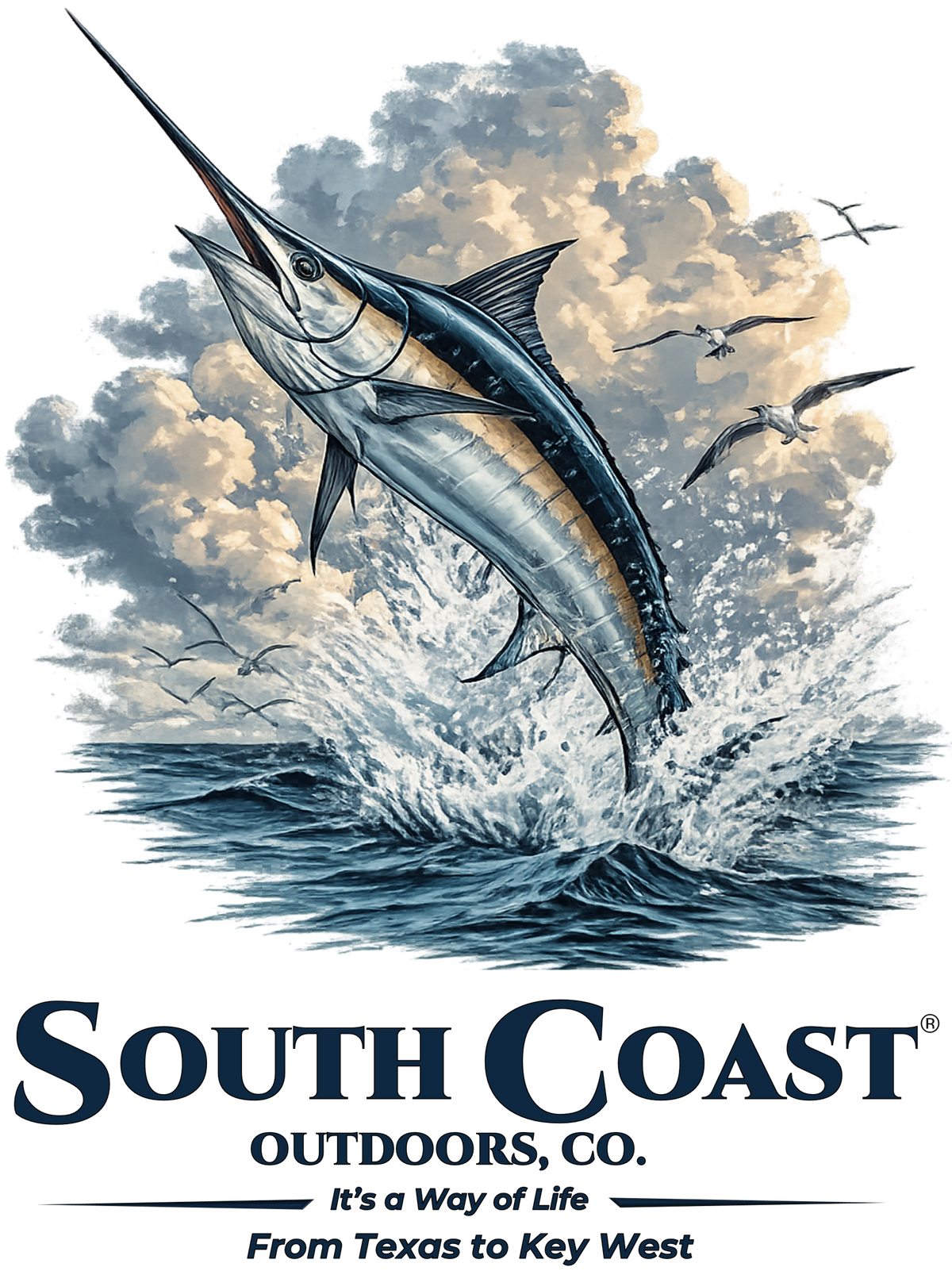 Marlin logo graphic for South Coast Outdoors on pink T-shirt