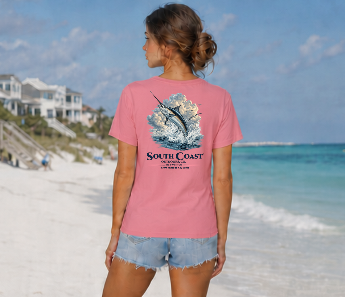 Pink crewneck T-shirt with marlin splash graphic on the back