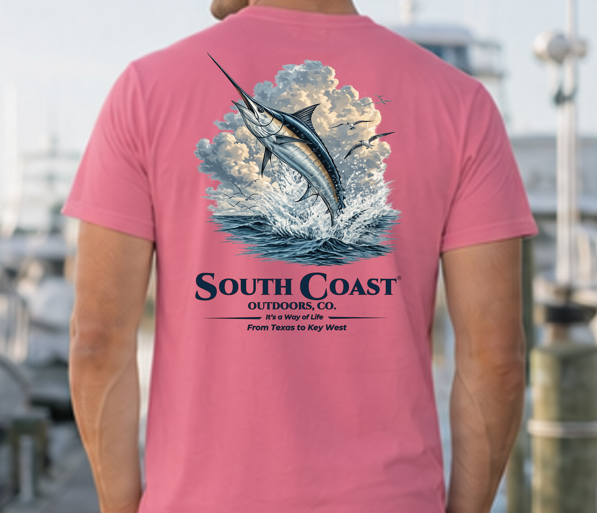 Pink crewneck T-shirt back with large marlin splash and logo text