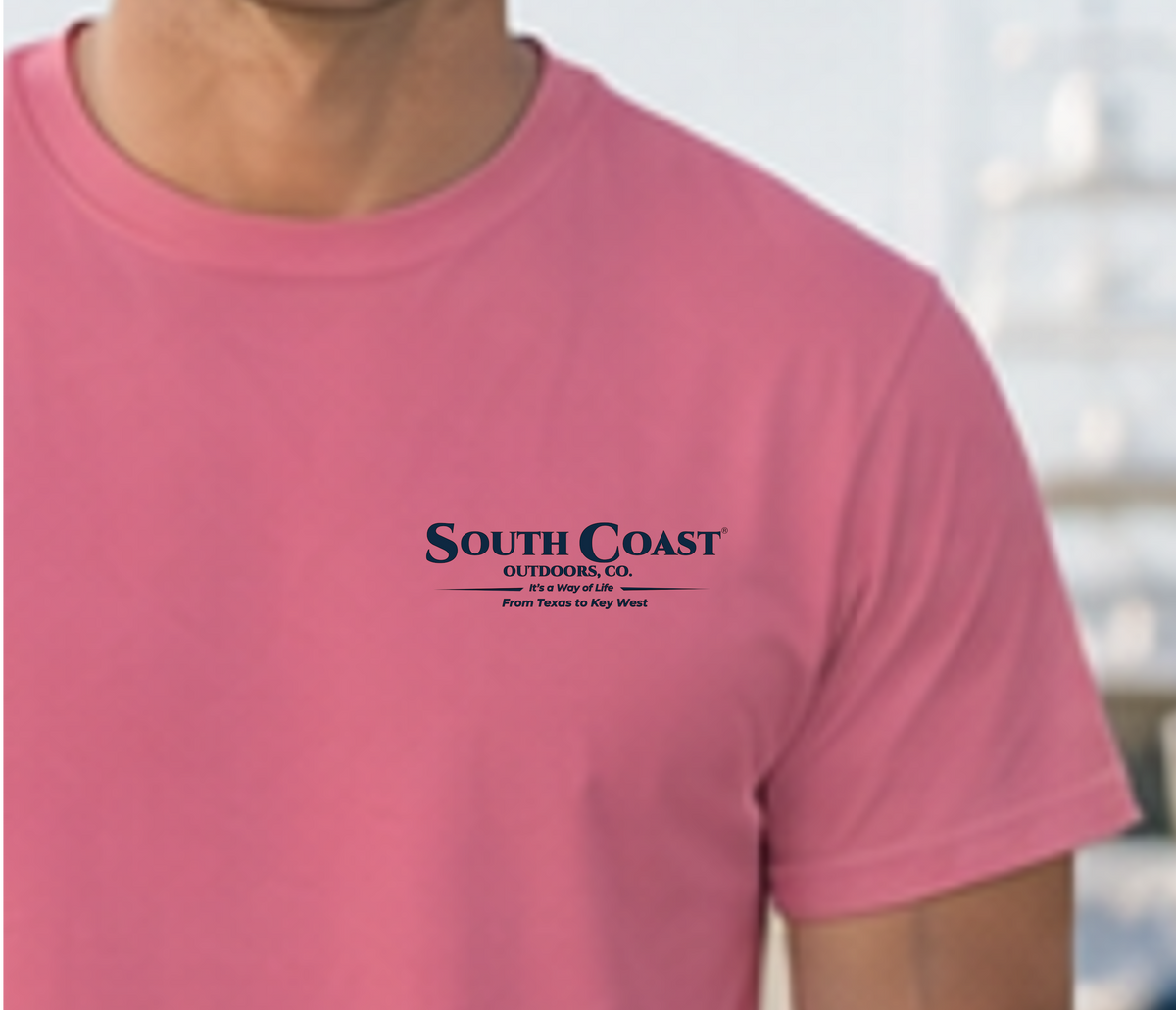 Pink crewneck T-shirt front with South Coast Outdoors logo