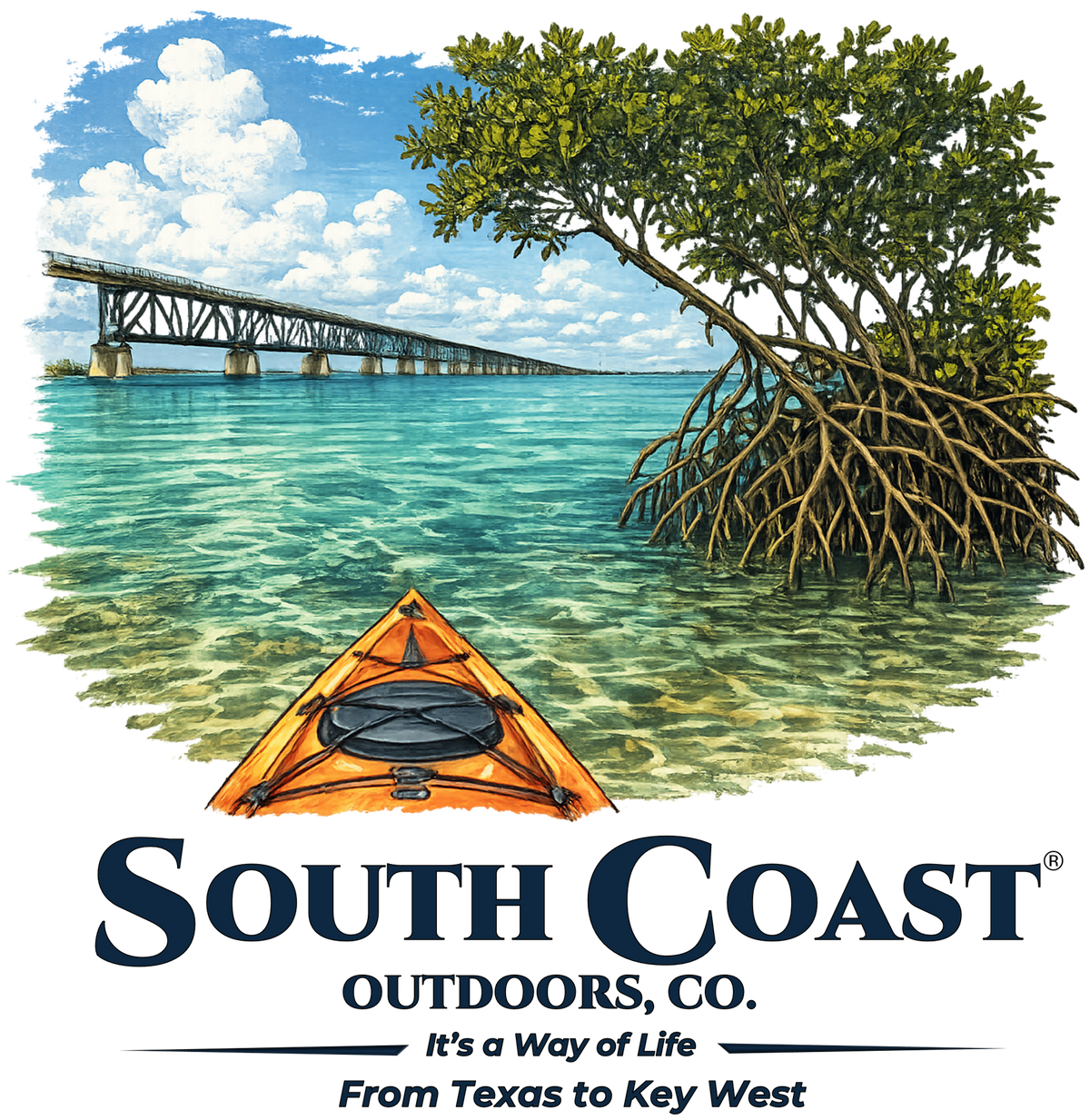 Light blue short-sleeve T-shirt with mangrove kayak graphic on back.