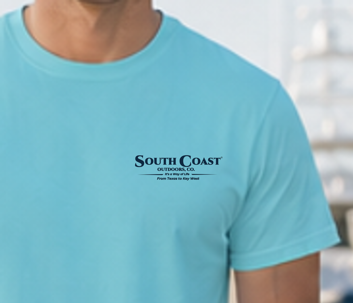 Light blue short-sleeve T-shirt front chest logo: South Coast Outdoors, Co.