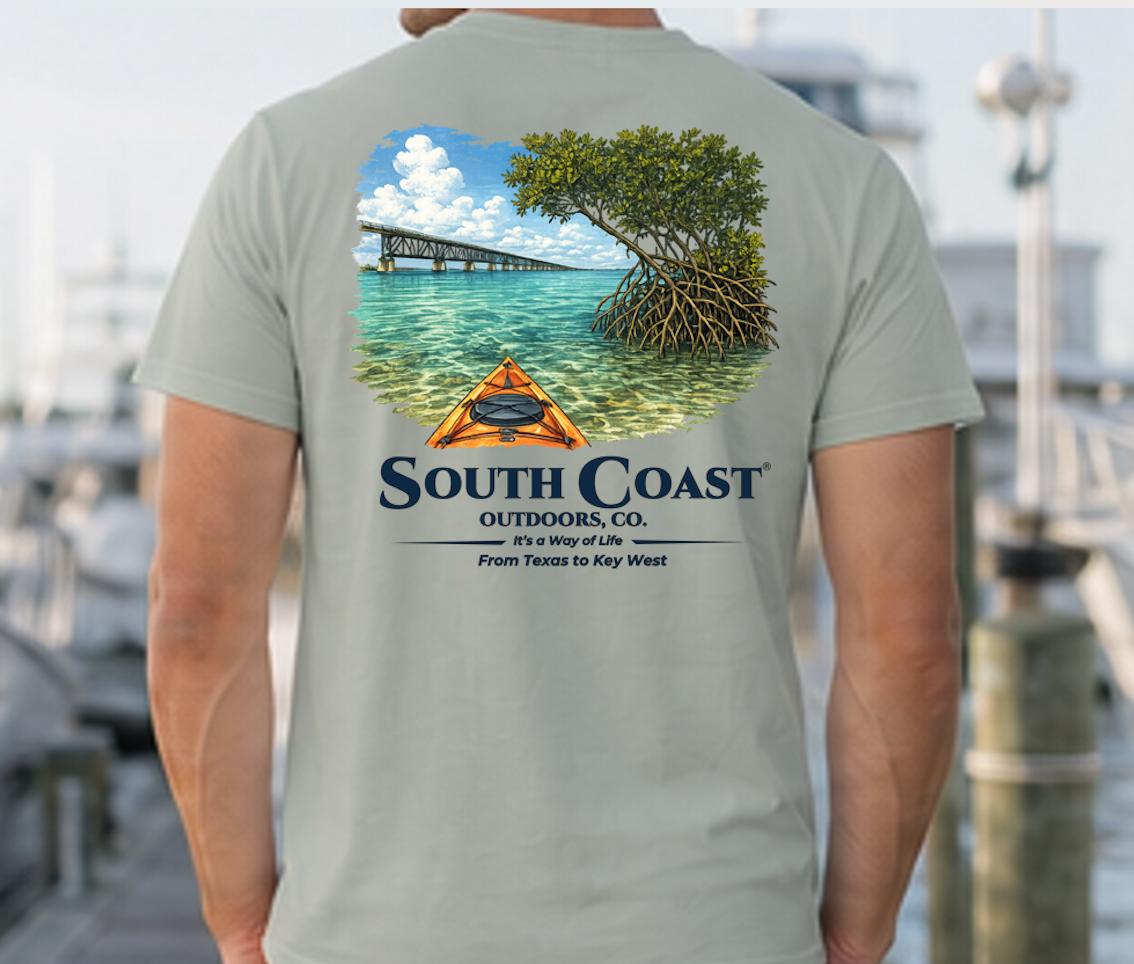 Men's gray-green t-shirt, back graphic of mangrove island and orange kayak shelter