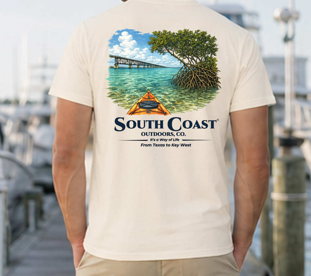 Men's ivory t-shirt, back graphic of mangrove island and orange kayak shelter