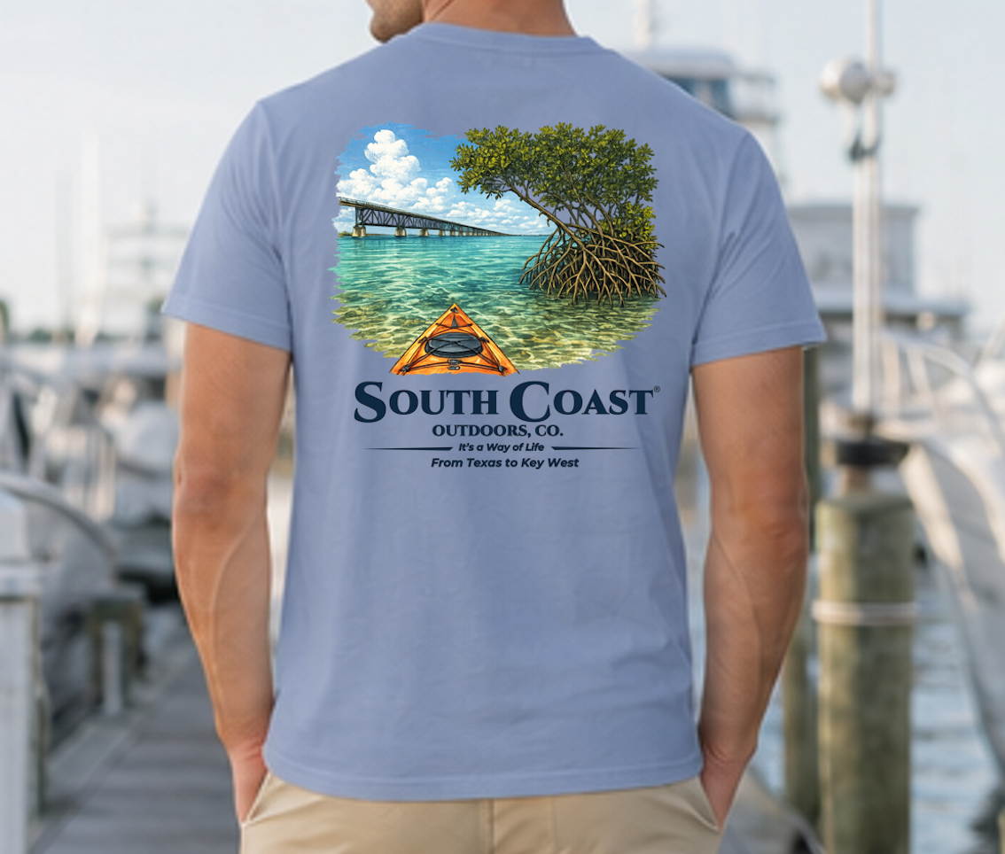 Men's blue t-shirt, back graphic of mangrove island and orange kayak shelter