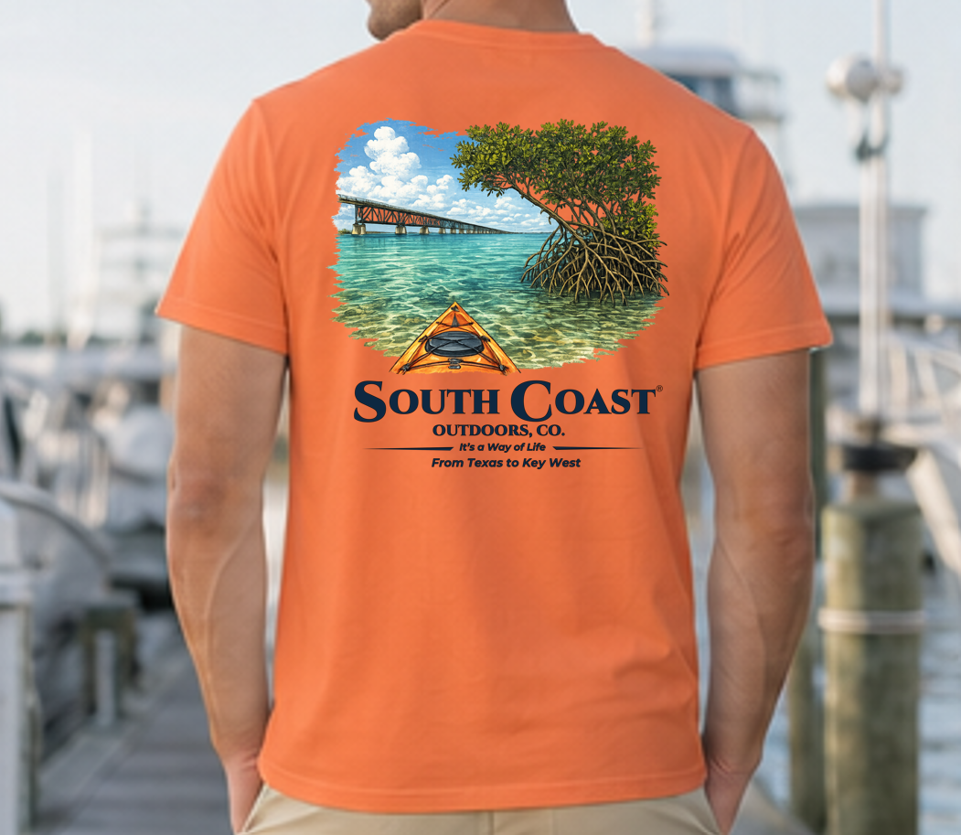 Men's burnt orange t-shirt, back graphic of mangrove island and orange kayak shelter