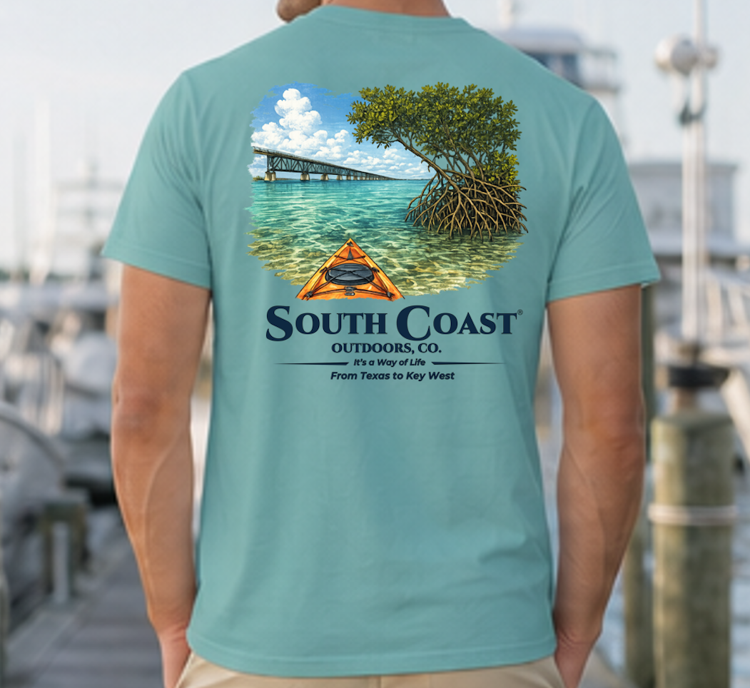 Men's turquoise t-shirt, back graphic of mangrove island and orange kayak shelter