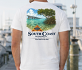 Men's white t-shirt, back graphic of mangrove island and orange kayak shelter