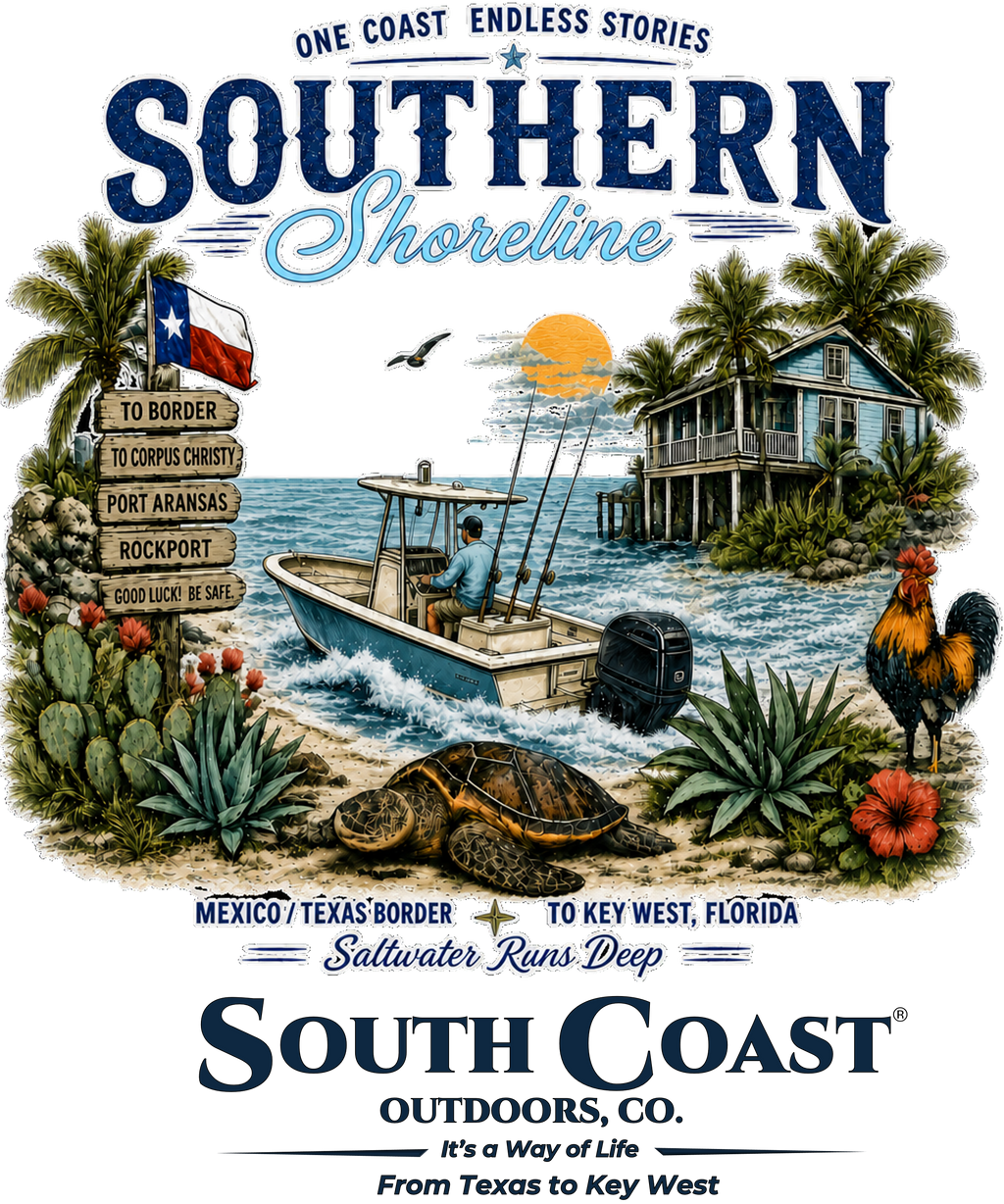 White graphic T-shirt with Southern Shoreline beach and boat artwork