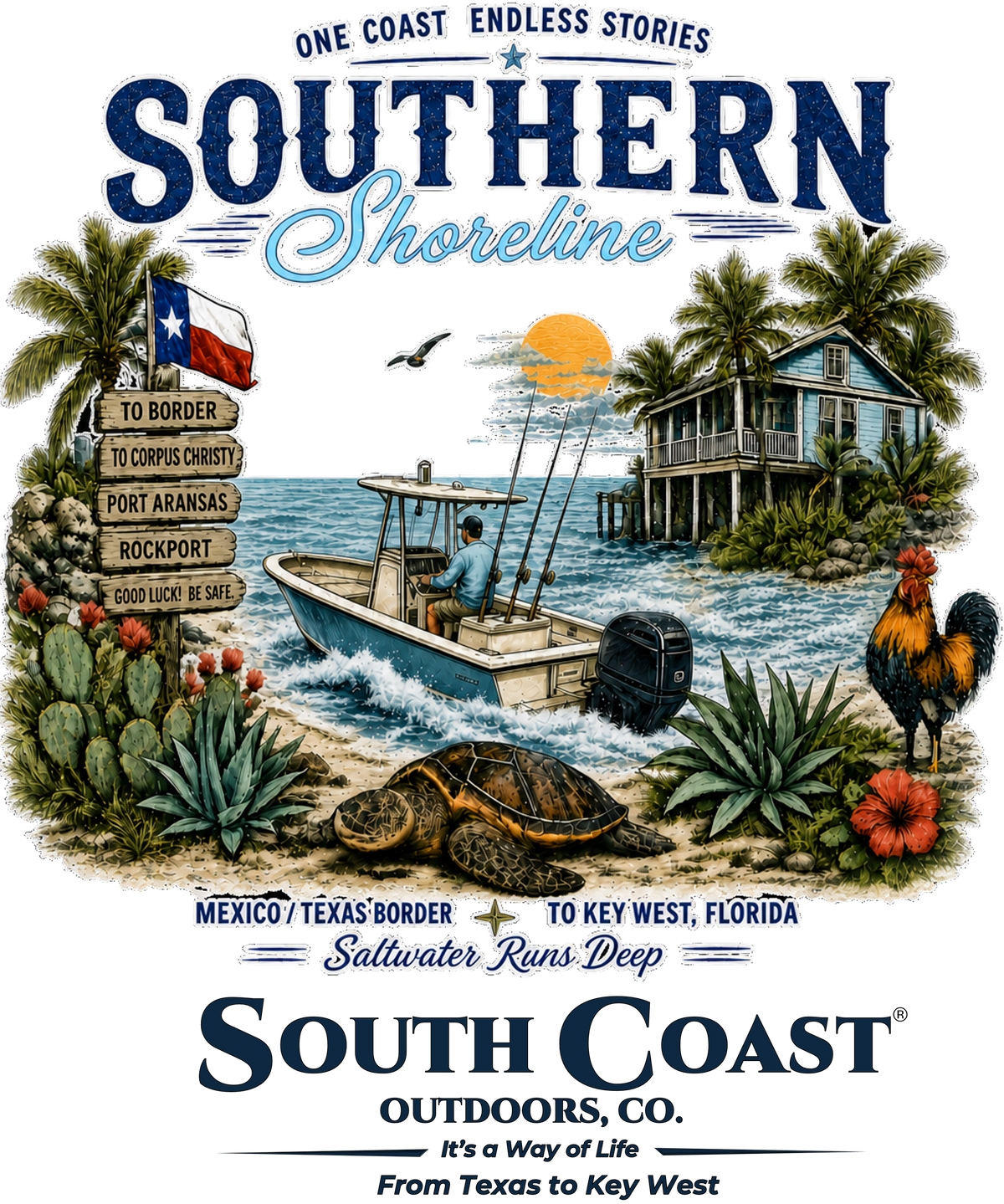 White graphic T-shirt with Southern Shoreline beach and boat artwork