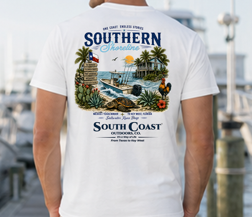 White T-shirt back with Southern Shoreline beach, boat, and palm graphic