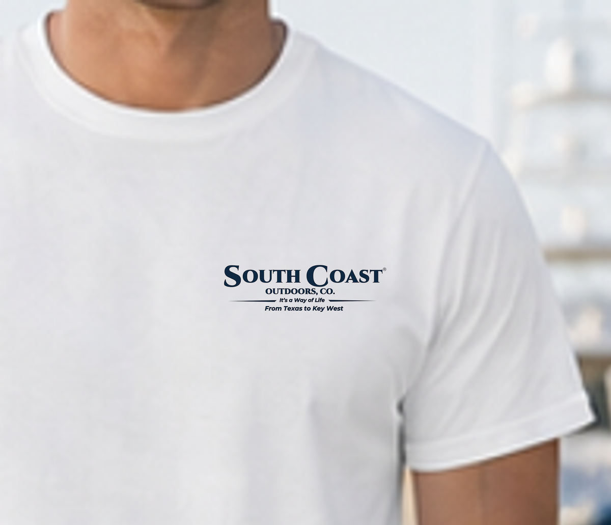 White T-shirt with small Southern Coast logo text on chest