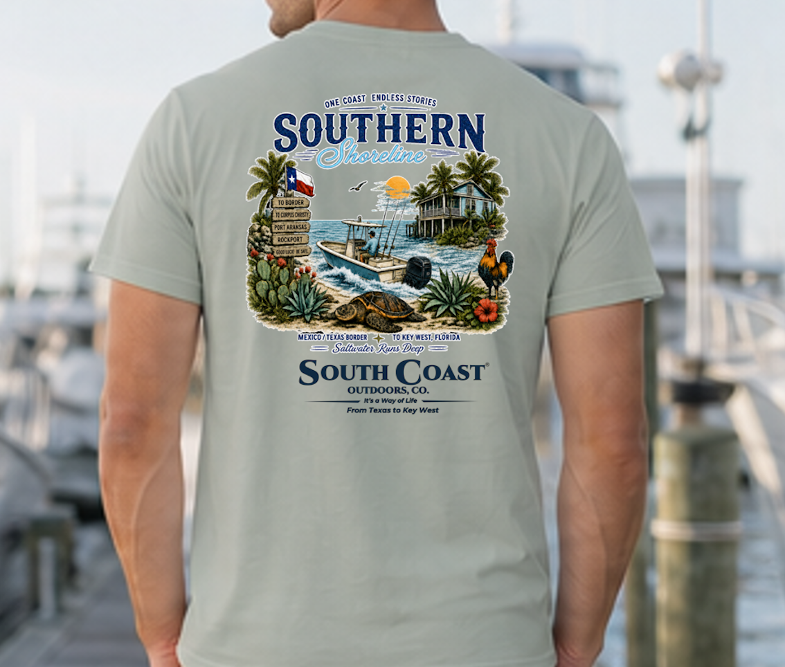 Sage green T-shirt with large back coastal graphic print.