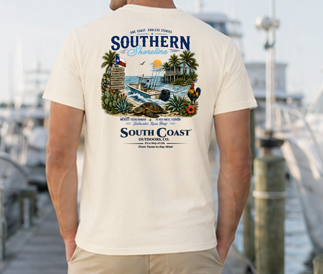 Ivory T-shirt with large back coastal graphic print.