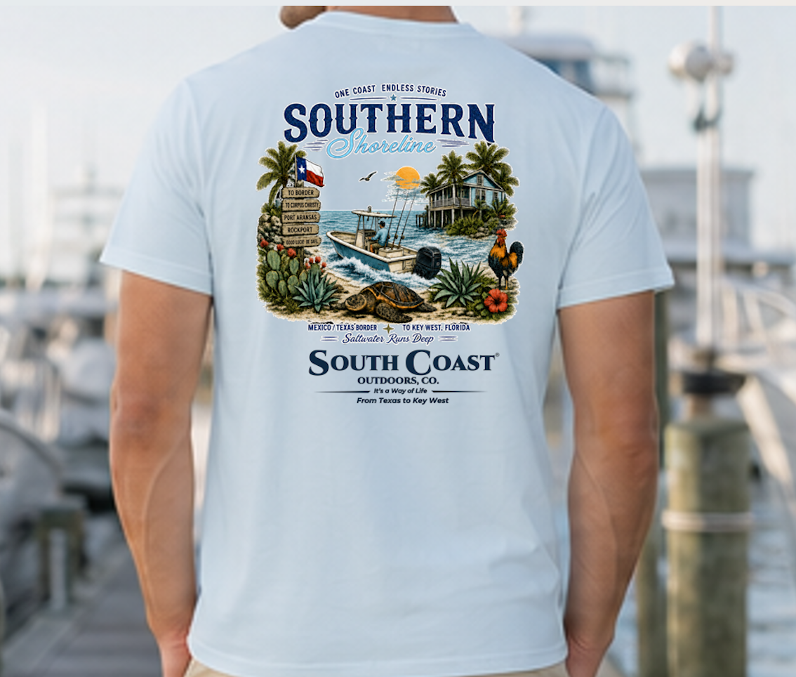 Light blue T-shirt with large back coastal graphic print.