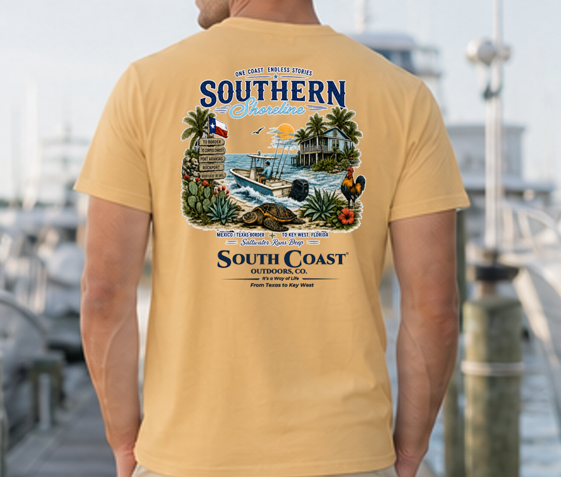 Tan T-shirt with large back coastal graphic print.