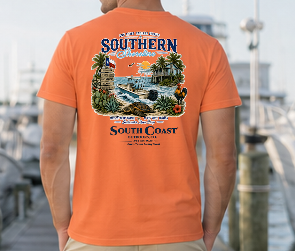 Burnt orange T-shirt with large back coastal graphic print.
