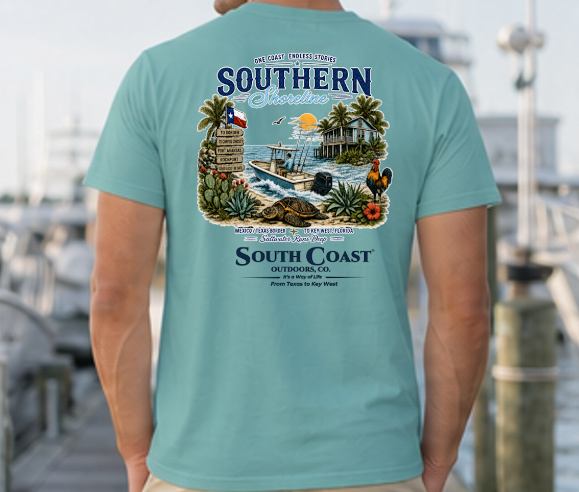 Teal T-shirt with large back coastal graphic print.