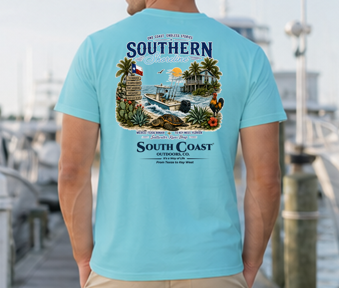 Aqua T-shirt with large back coastal graphic print.