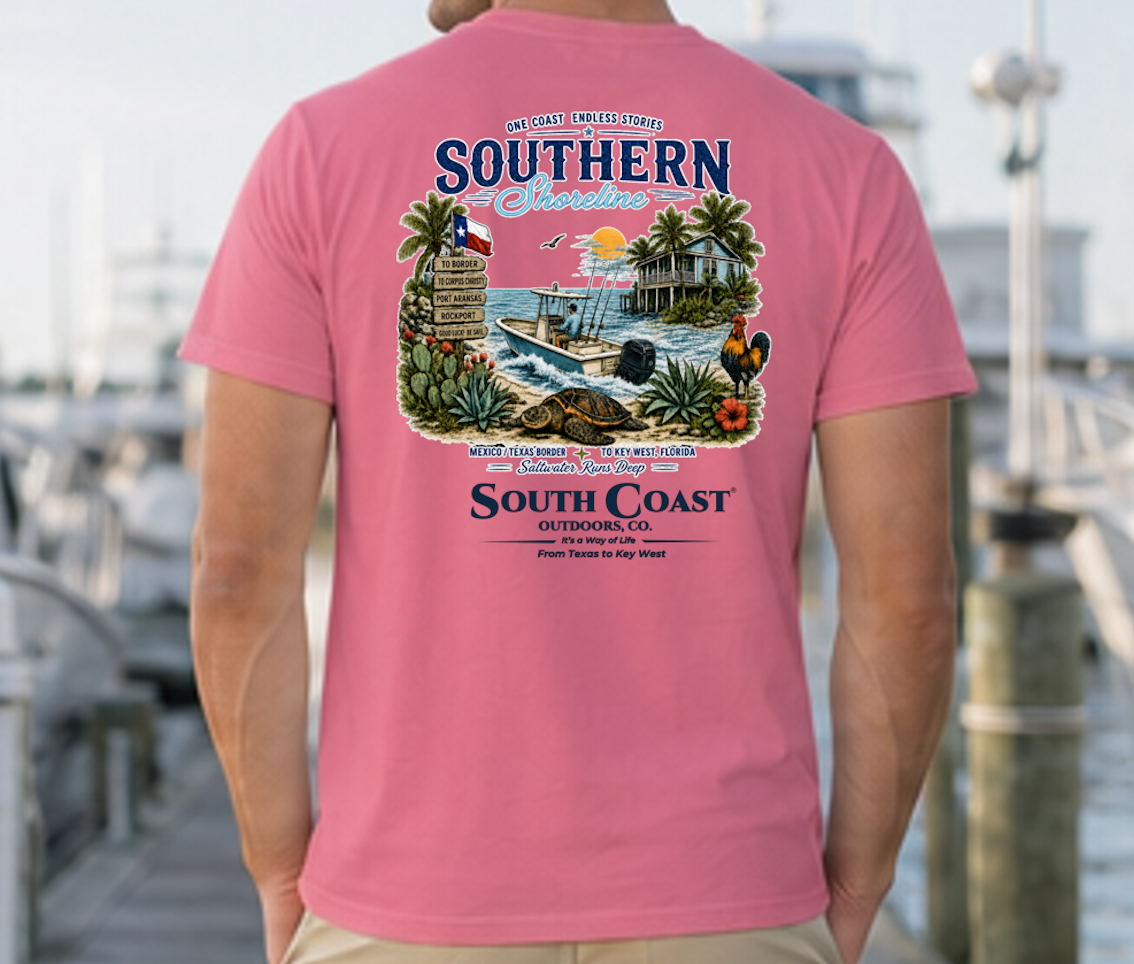 Pink T-shirt with large back coastal graphic print.