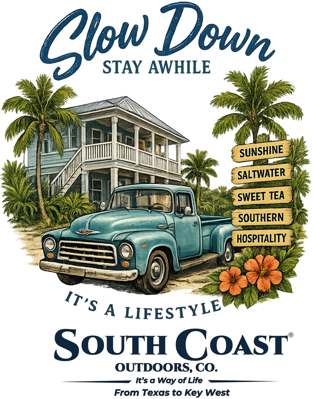 Cream T-shirt with South Coast front graphic, palms and vintage truck print