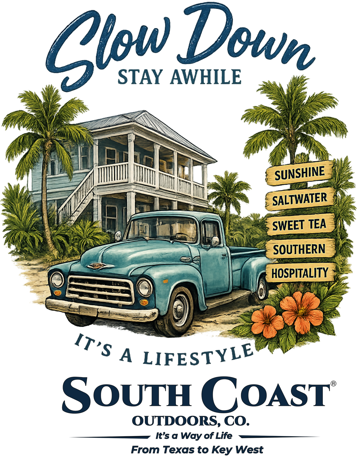 Cream T-shirt with South Coast front graphic, palms and vintage truck print