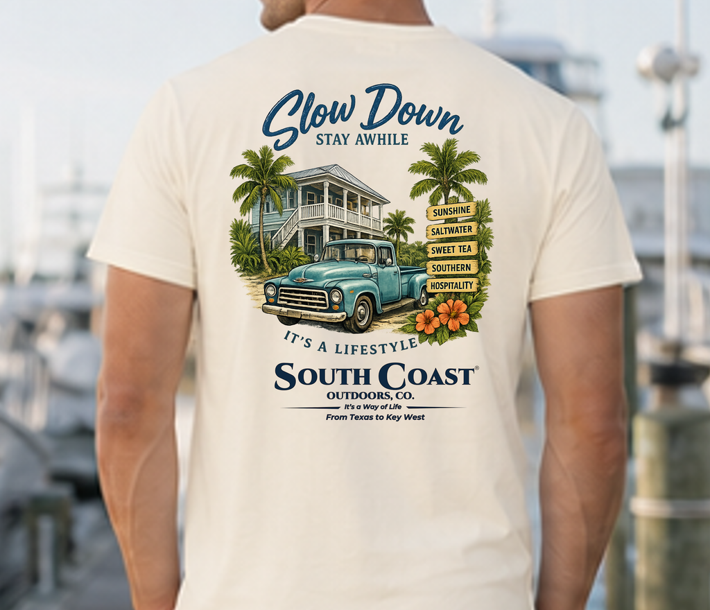 Cream T-shirt with Slow Down back graphic, palms and vintage truck