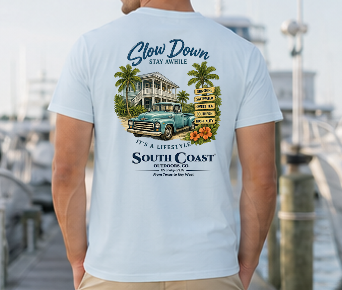 Light blue graphic T-shirt with 'Slow Down' beach house and truck back print