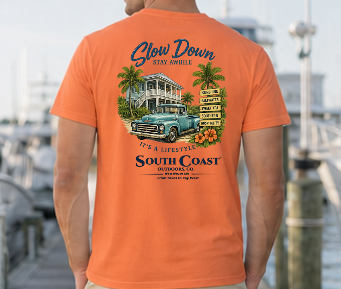 Burnt orange graphic T-shirt with 'Slow Down' beach house and truck back print