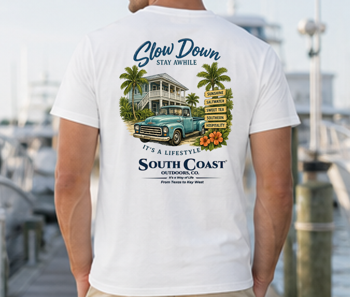 White graphic T-shirt with 'Slow Down' beach house and truck back print