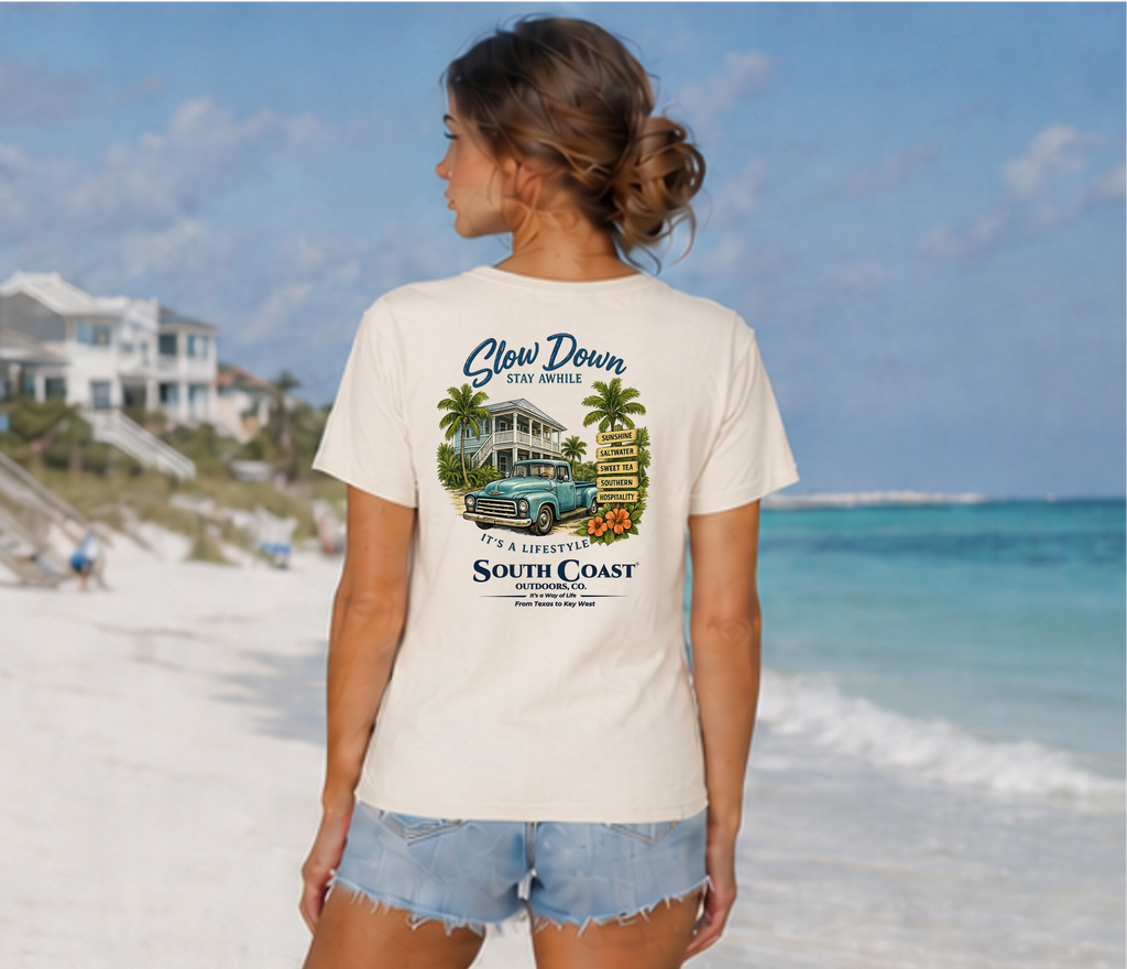 Cream T-shirt with Slow Down back graphic and palm tree beach scene