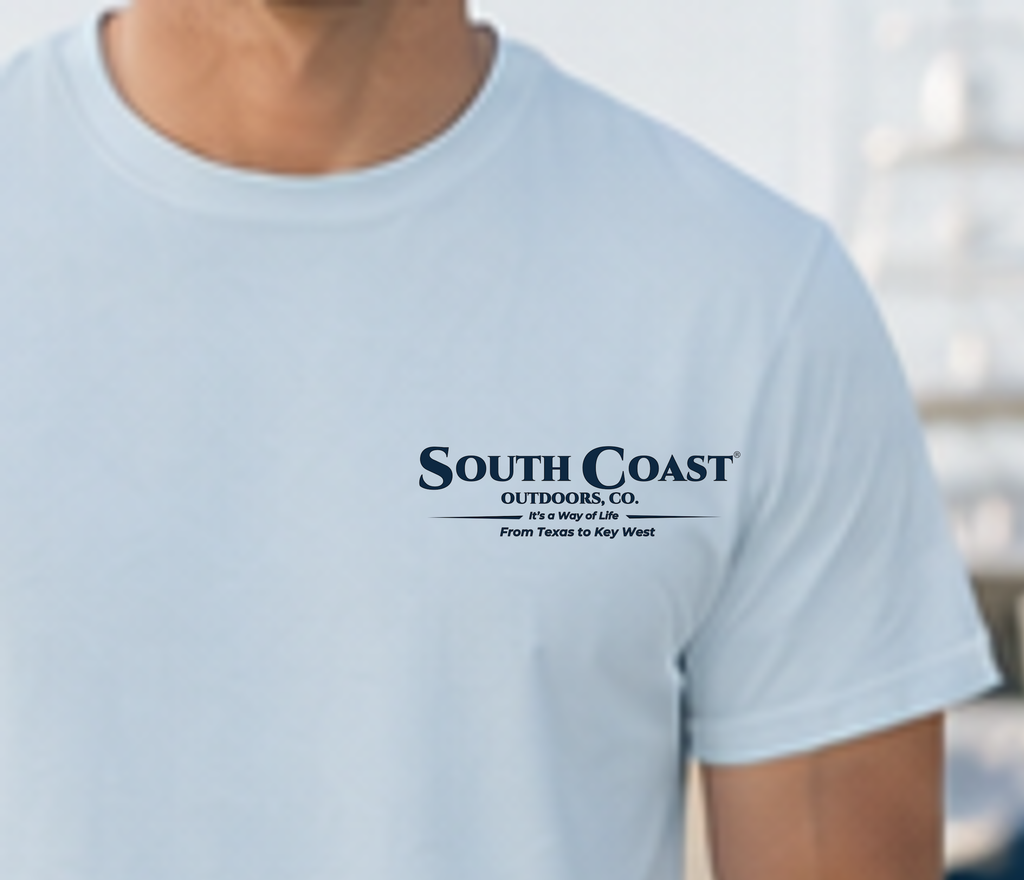 Light blue graphic T-shirt, chest logo print with “South Coast Outdoors, Co.”
