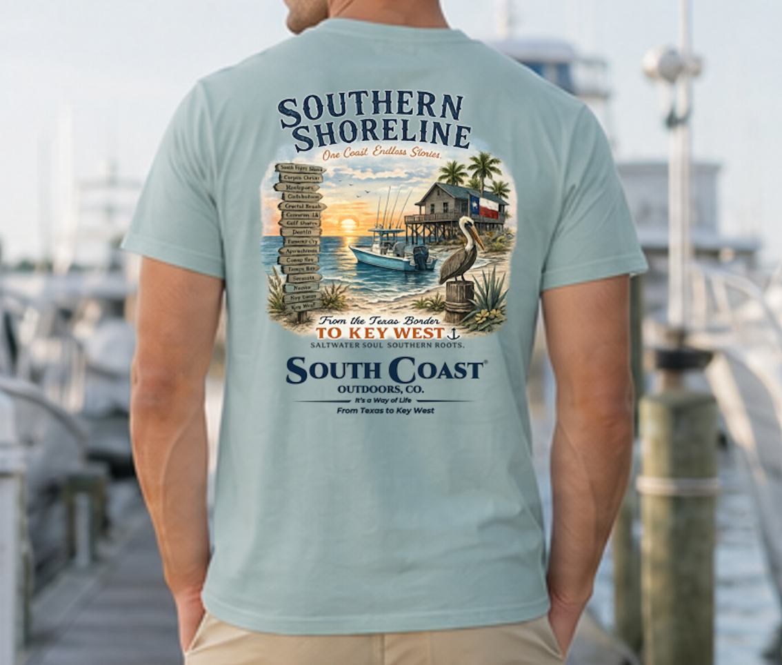 Light blue short-sleeve T-shirt with back Southern Shoreline coastal graphic