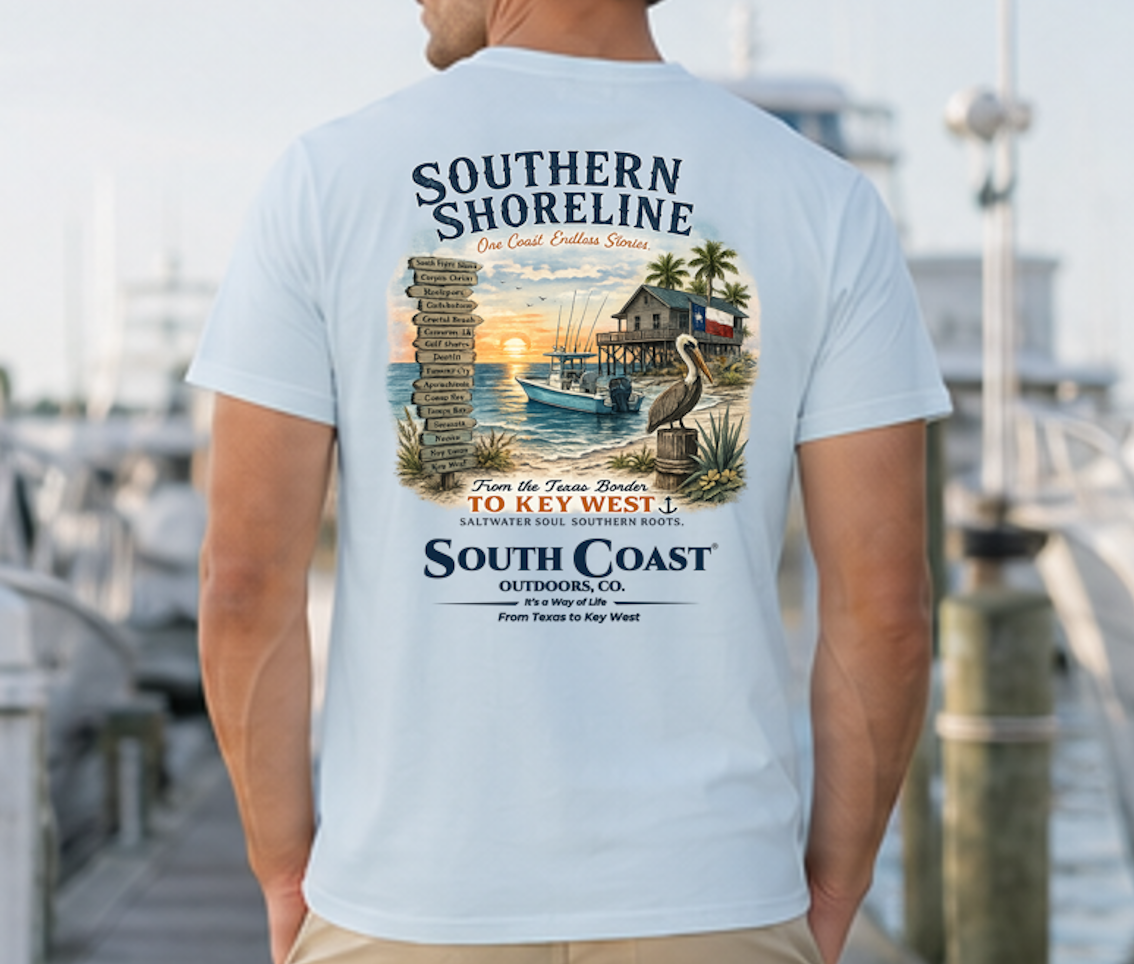 Powder blue short-sleeve T-shirt with back coastal lodge and swan graphic